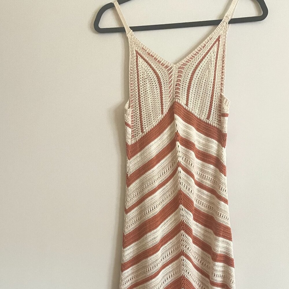 White-and-brown-striped crochet midi dress